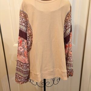 Elegant Beige Top with Multicolor Patterned Sleeves